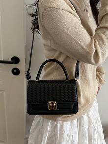 Solid Color Woven Mini Fashion PU Brand Elegant Flap Handbag Crossbody Bag - Black - View 2