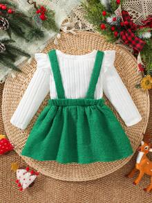 Baby Girl Christmas Tree Embroidered Ribbed Long Sleeve Top & Chunky Knit Suspender Dress 2pcs Set, Soft Skin-Friendly Sweet Party Outfit For Autumn/Winter - Green - View 2