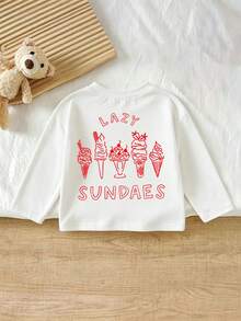 1pc Baby Girl Casual Long Sleeve T-Shirt, Cute "LAZY SUNDAES" Print, Soft And Breathable Fabric, Daily Wear - White - View 3