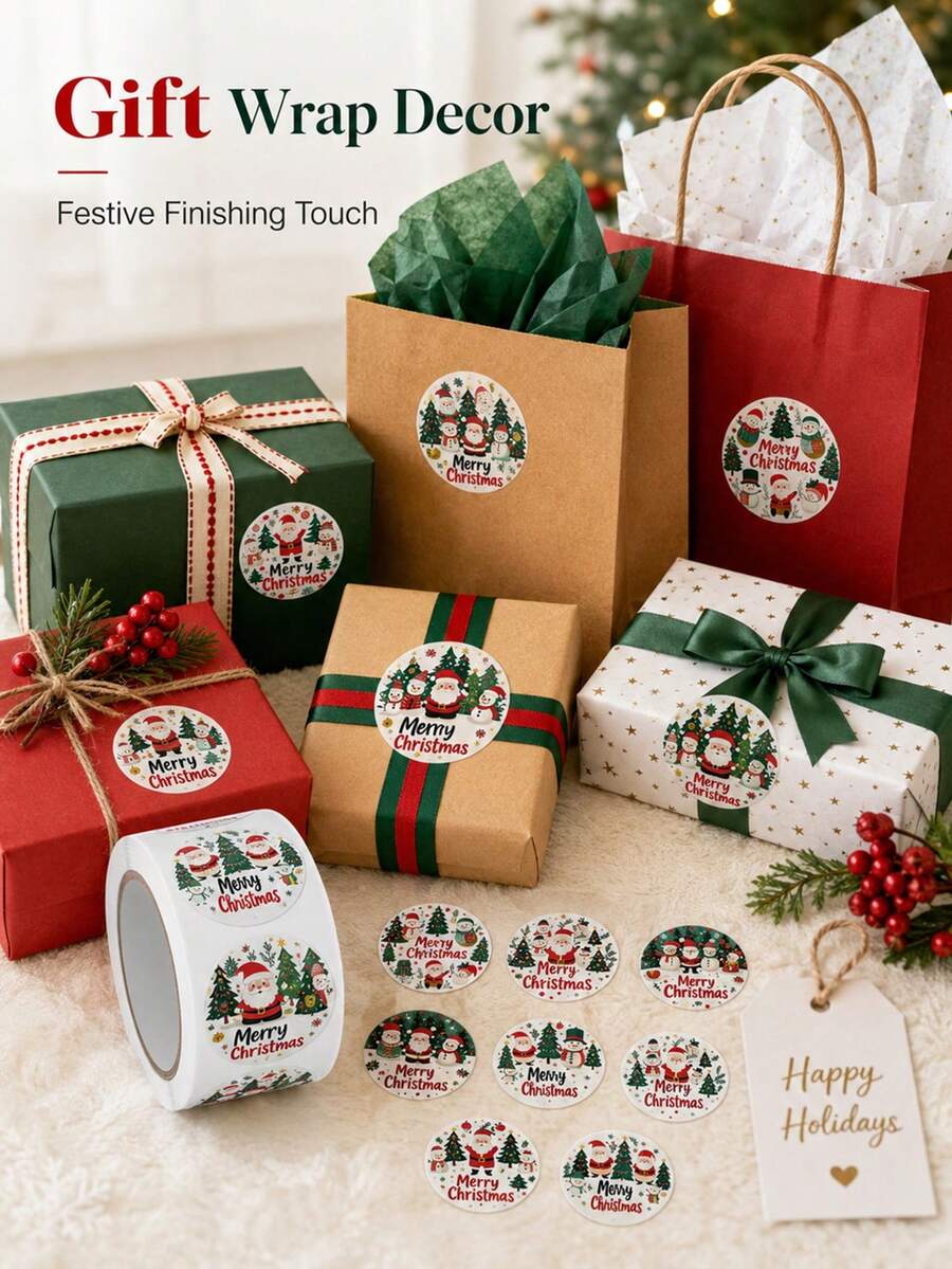 2000PCS/4ROLL Cartoon Christmas Round Stickers Roll, Self‑Adhesive Labels For Gift Sealing Decor - Multicolor - View 1