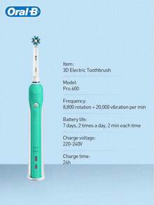 Oral-B Pro600 3D Electric Toothbrush Intelligent Pressure Control 2-Minute Timer 30-Second Interval Reminder IPX7 Waterproof - Multicolor - View 5