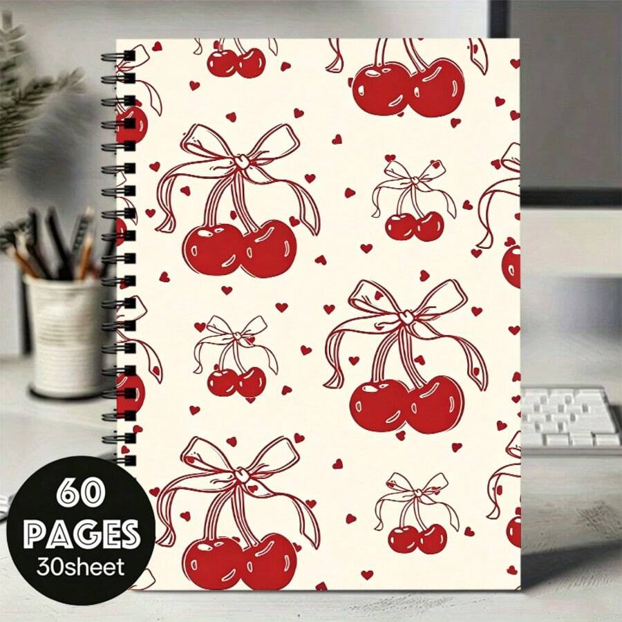 1pc Cherry Spiral Lined Notebook, 30 Sheets/60 Pages Coil Bound, Cherry And Heart Pattern, Suitable For School And Office Use, Perfect Gift For Christmas, Back To School, Birthday, New Year - A5 - View 1