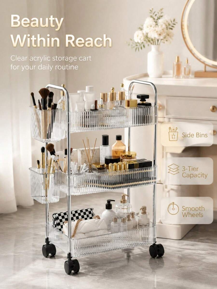 2/3/4‑Tier Rolling Storage Cart, Clear Acrylic Mobile Utility Trolley With Wheels & Side Baskets, Multi‑Purpose Organizer Rack For Bedroom, Bathroom, Office & Kitchen - Transparent - View 1