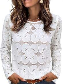 Women's Round Neck Semi-Sheer Lace Top, Minimalist Elegant Style, Suitable For Casual Daily Wear - White - View 2