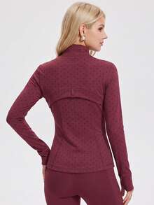 KyrLssu Women's Polka Dot Zip-Up Jacket, Stand Collar Long Sleeve Slim Fit Top With Pockets - Red - View 2