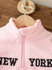Autumn/Winter Toddler Girls Simple Letter Embroidered Stand Collar Casual Sports Pullover Sweatshirt, Versatile Outdoor Wear - Pink - View 3