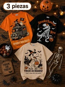 3 piezas/Paquete Camisetas de manga corta de cuello redondo con estampado  urbano casual para niño apropiado para primavera y verano - Naranja - Ver 1