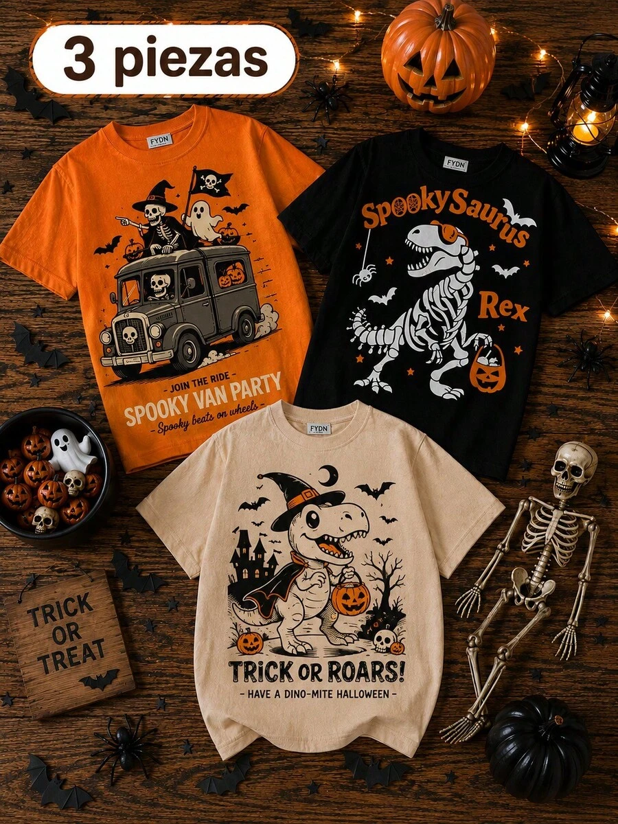 3 piezas/Paquete Camisetas de manga corta de cuello redondo con estampado urbano casual para niño apropiado para primavera y verano - Naranja - Ver 1
