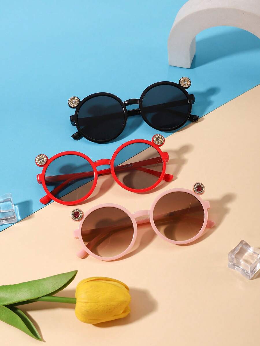 3pcs Kids 3‑8Y Round Frames With Rhinestone Ear Decor PC Frame Light‑Weight Lovely Fashion Glasses For Summer Party Daily Occasions With Glasses Box - Multicolor - View 1