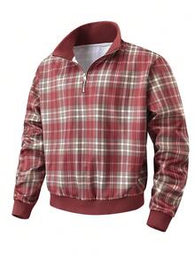 Men's Autumn/Winter Old Money Style Half-Zip Stand Collar Jacket, Plaid Striped Colorblock Pullover Sweatshirt - Red - View 2