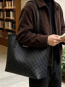 Men Monogram Tote Bag, Large Capacity Business Shoulder Bag, Classic Pattern Work Office Handbag For Daily Commute Travel - Black - View 1