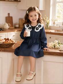 Autumn New Girls Toddler Imitation Denim Dress With Ruffled Collar, 3D Flower Bow, Long Sleeve, Sweet Versatile Loose Comfortable Breathable For School, Daily Wear And Outings - Blue - View 8