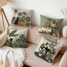 4pcs/1pc Green Plant Cat Pattern Pillow Case Without Insert, Single-Sided Printed Pillow Case, Suitable For Living Room Bedroom Home Decor, All-Season Pillow Case - Multicolor - View 10