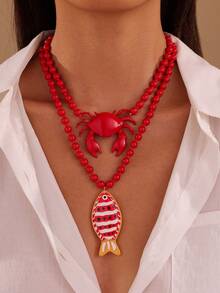 NAIZHU 1/2pcs Fashion Creative Red Crab & Fish Long Necklace, Suitable For Women's Daily, Party, Vacation Accessory - Red - View 1