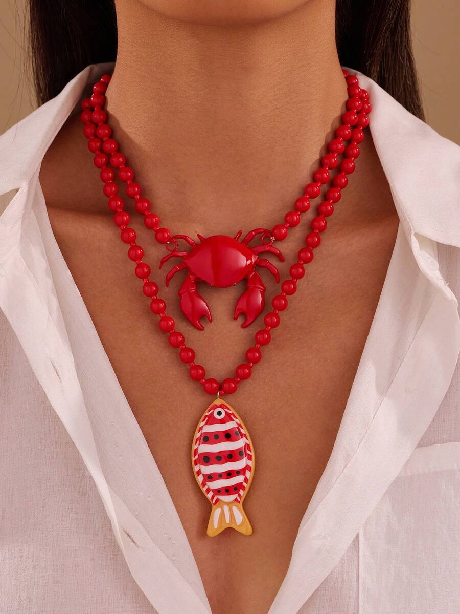 NAIZHU 1/2pcs Fashion Creative Red Crab & Fish Long Necklace, Suitable For Women's Daily, Party, Vacation Accessory - Red - View 1