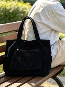 Men's Corduroy Tote Bag Large Capacity Casual Briefcase Multi-Pocket Shoulder Handbag For Work Office Commute Travel - Black - View 9