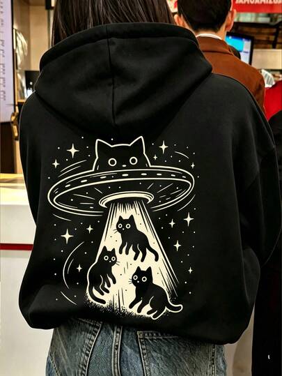 Vintage UFO Flying Saucer Black Cat Print Sweatshirt For Women, American Street Slouchy Casual Versatile Top For Autumn/Winter Fall