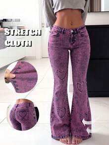 GILIPUR Low Waist Flare Jeans Acid Wash Stretch Denim Heart Patch Detail - Pink - View 6