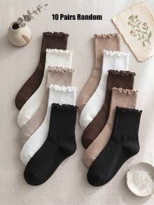 5/10 Pairs Random Neutral Earth Tone Ruffle Mid-Calf Socks, Autumn Daily Socks, Autumn Travel Halloween Soft Casual Socks, Suitable For Students, Halloween Gift - Multicolor - View 12