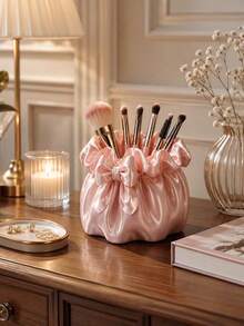 1pc Drawstring Satin Large Bow Makeup Brush Storage Bucket, Elegant Desktop Cosmetic Organizer, Vanity Bathroom Decor Makeup Storage Box, Multifunctional Storage Bucket For Beauty Tools And Small Accessories, Bathroom Accessories, Toothbrush - Multicolor - View 2