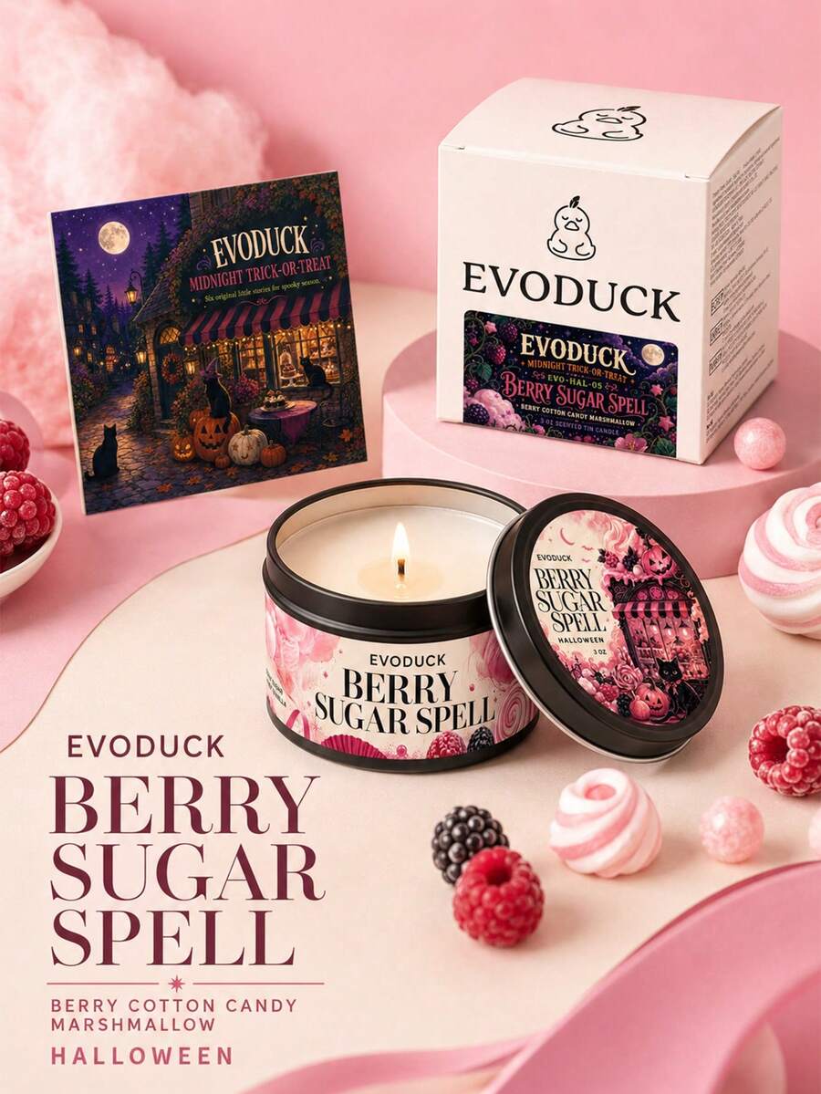 EVODUCK 1 Peça Vela de Halloween com Aroma de Algodão Doce de Amora e Marshmallow, 3oz Mini Fofa Rosa com Caixa de Presente, Cartão de História, Vela em Lata para Quarto, Mesa, Decoração de Ambiente, Lembrancinhas Kawaii para Festa, Design Assustador e Fofo de Gato Preto e Abóbora, Presentes de Outono para Adolescentes, Mulheres, Fragrância para Casa - Velas de Halloween - Visão 1
