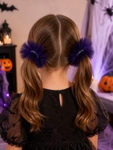 2pcs Halloween Purple Black Mesh Hair Ties For Kids - Multicolor - View 2