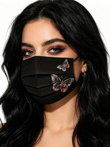 10/50pcs Black Disposable 4-Ply Women's Face Masks, Butterfly Print Pleated Masks With Elastic Ear Loops And Nose Clip, Fashionable Disposable Masks Suitable For Daily Wear, Work, Office, Travel And Outdoor Use - Multiple Styles - View 4