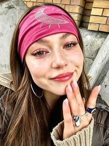 DUOJIAOYAN 1pc New Solid Color Wide Band Heavy Rhinestone Sun & Moon Print Elastic Breathable Sports Headband For Daily Workout Fitness Styling - Multicolor - View 5