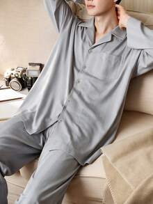 Gongdie 2pcs Men's Pajama Set, Spring/Autumn Light Gray Solid Color Striped Soft Loungewear With Pockets - Grey - View 1