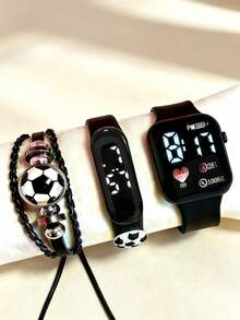 3pcs/Set Football Element Electronic Watch + Bracelet + Wristband Student Sports Wristwatch, Graduation Birthday Gift Set. - Multicolor - View 1