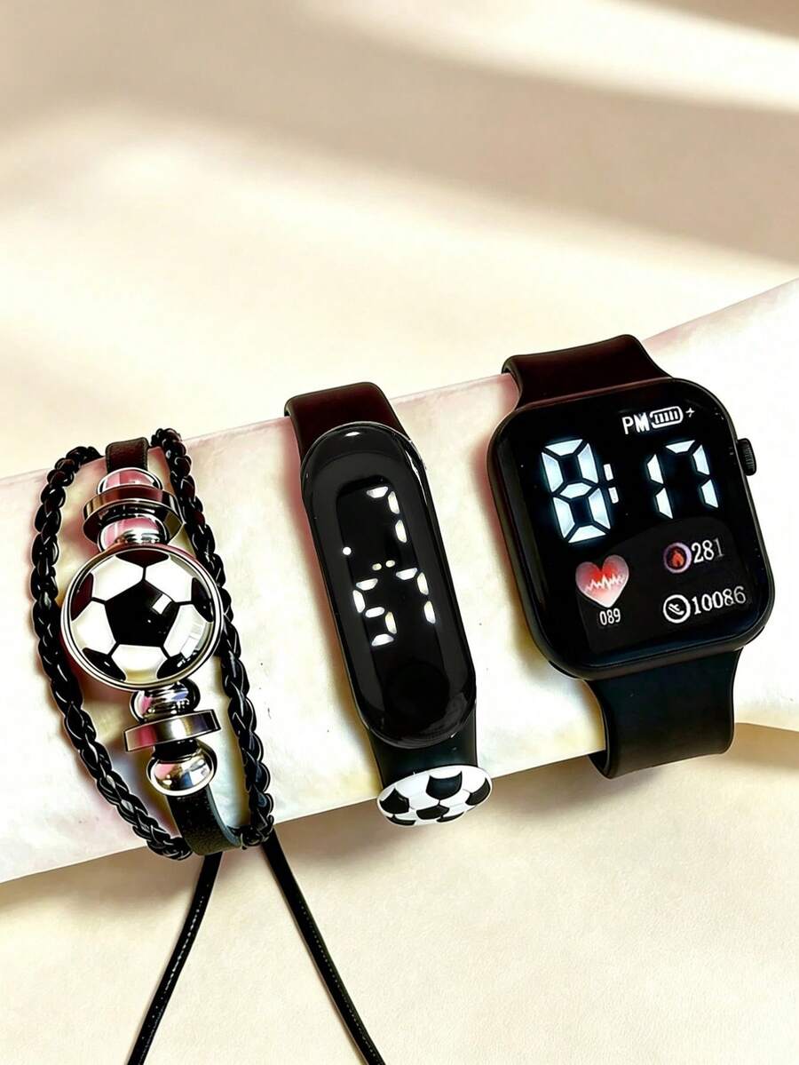 3pcs/Set Football Element Electronic Watch + Bracelet + Wristband Student Sports Wristwatch, Graduation Birthday Gift Set. - Multicolor - View 1