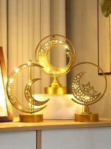 1pc New LED Iron Art Moon & Star Hollow Lamp, Holiday Table Lamp, Atmosphere Decorative Light, Gift For Friends & Family, Suitable For Ramadan, Thanksgiving, Valentine's Day, Exquisite Room Decor - Multicolor - View 8