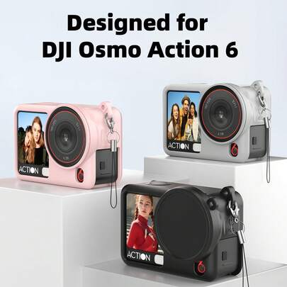 Funda protectora de silicona 4 en 1 para Osmo Action 6, con cubierta de lente, juego de accesorios de funda protectora resistente a arañazos, apto para Osmo Action 6 | Incluye cubierta de lente, mosquetón y cordón ajustable | Funda protectora resistente a arañazos y anti-pérdida