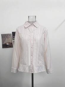 Autumn New Korean Style Square Shoulder Long Sleeve Striped College Style Single-Breasted Blouse - Pink - View 6