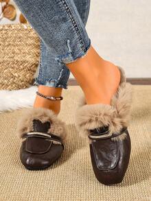 New Autumn/Winter Women's Rhinestone Square Toe Slippers, Flat Mule Fur Slides, Soft Sole Non-Slip Comfortable Metal Decor Slip-On Shoes, Minimalist Elegant Versatile For Commute, Office, Daily Wear - Coffee - View 4
