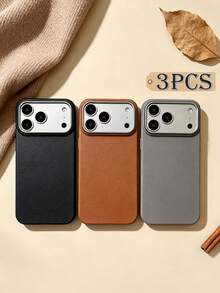 1 Set 3pcs Solid Color Lychee Texture Faux Leather Large Window Phone Case Covers, Black / Caramel Brown / Premium Gray Minimalist Solid Color Leather Texture Full Coverage Protective Shell, Raised Camera Frame Anti-Drop Anti-Slip Soft Shell, Business Commute Premium Style, Autumn/Winter Bestselling Phone Case, Suitable For Personal Use, Birthday Gift Choice; Compatible With IPhone Case & Galaxy Case, Compatible With IPhone 17/17 Pro/17 Pro Max - Multicolor - View 2