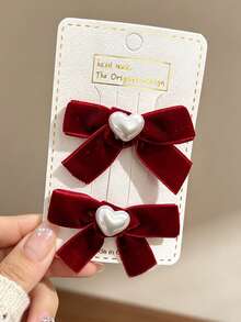 2pcs Vintage Burgundy Velvet Bow Hair Clips, Heart Pearl Decor Alligator Hair Clip Set, Sweet Style Side Hair Styling Hair Accessories - Multicolor - View 11