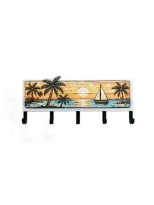 1Pc Wooden Coastal Beach‑Themed Key Rack, Wall Decor With Tropical Palm Tree & Sailboat Ocean Scenery Pattern, Multi‑Functional Wall‑Mounted Storage Organizer, Decorative Wall Hanger For Entryway, Bedroom, Hallway - View 9
