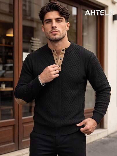AHTELB Men's Autumn/Winter Vintage Textured Long Sleeve Top, Diamond Jacquard Contrast Color Half-Open Henley Collar Business Casual Pullover Sweatshirt, Suitable For Daily Commute, Outdoor Running And Leisure Entertainment, Gift For Husband, Boyfriend, Friend And Father, Thermal Long Sleeve Men, Men's Shirts, Men Clothes, Golf Shirts For Men