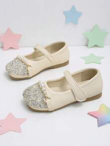 1 đôi giày ballet cho bé gái màu be đính đá rhinestone và ngọc trai, khóa dán, phù hợp biểu diễn, dự tiệc và mặc hàng ngày - Màu be - Xem 6