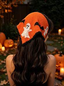 1pc Handmade Crochet Halloween Theme Headscarf, Fun Ghost & Eye Pattern, Tie-Up Triangle Hair Bandana, Party/Daily Versatile Hair Accessory - Multicolor - View 1