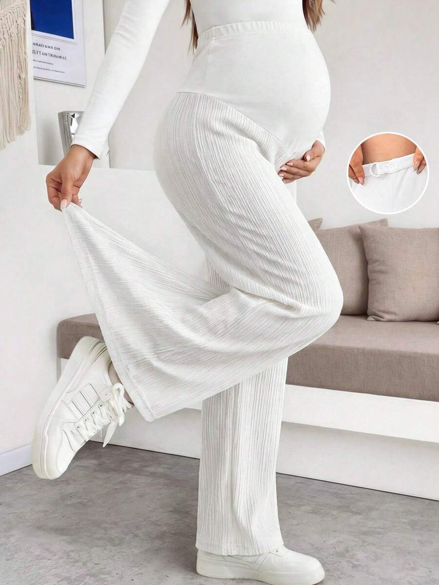 Bump Style 優雅黑色羅紋寬腿孕婦長褲,舒適中度彈性針織長褲,附鈕扣細節設計,適合秋季穿著 - 白色 - 查看 1