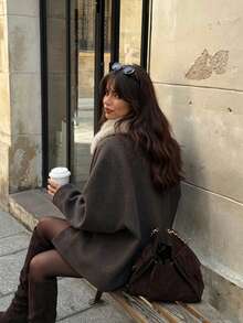 Vintage Street Style Wool Coat, Oversized Loose Short Winter Women's Jacket - Mocha Brown - View 2