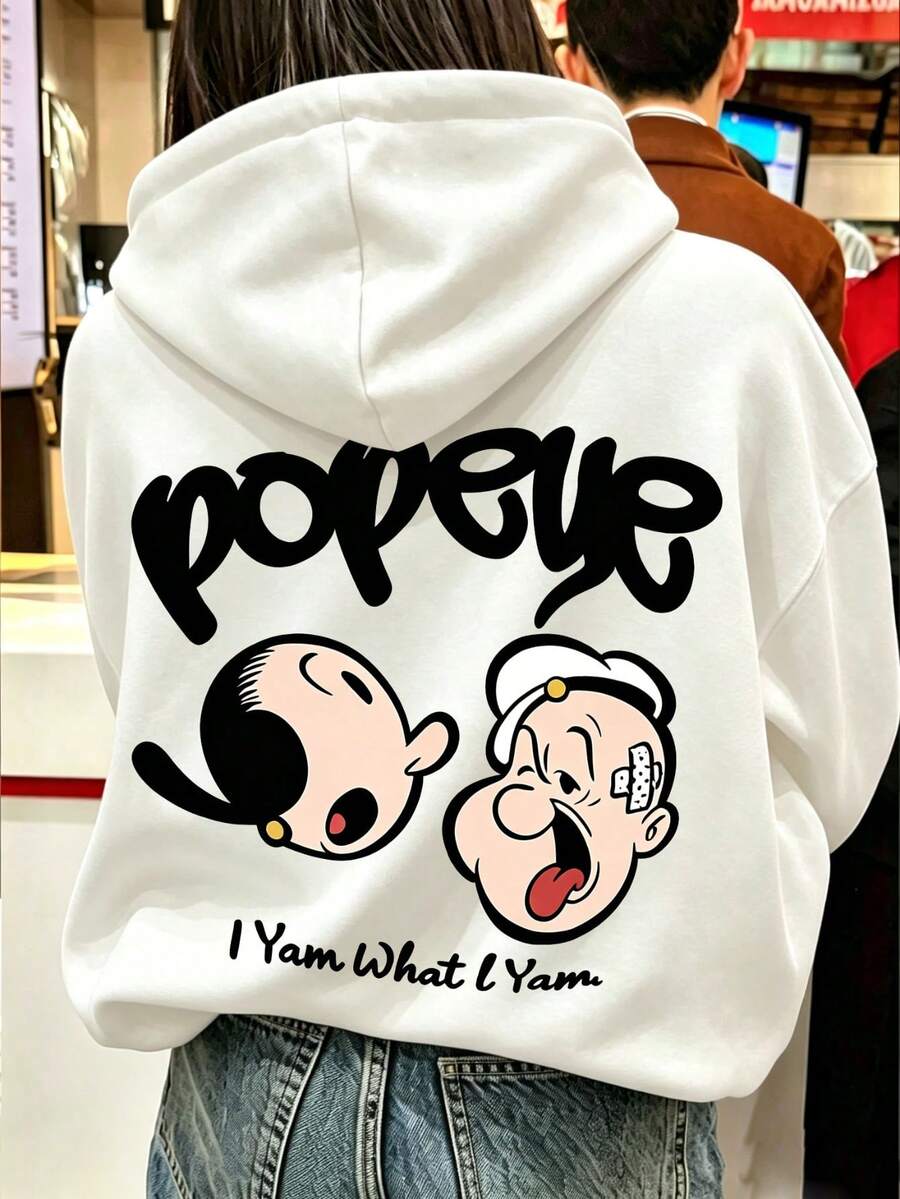 Sweatshirt Bergambar Kartun dengan Cetakan Ganda Depan dan Belakang, Atasan Kasual Musim Gugur dengan Nuansa Retro yang Menyenangkan untuk Dipakai Sehari-hari, Warna Putih