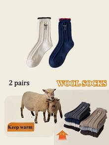 1/2pairs Of Bowknot Embroidery Pattern Wool Socks Autumn And Winter Thickened Medium Tube Socks, Fried Dough Twists Pattern Women's Socks - Multicolor - View 22