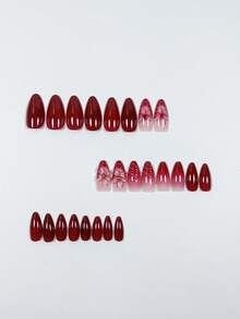 Burgundy 3D Petal French Leopard Print Vintage 24pcs Medium-Long Almond Shape Press-On Nails, Fake Nail Tips, Nail Stickers, Y2K Nails - Multicolor - View 2