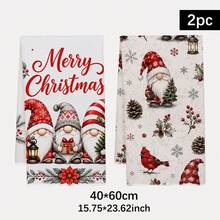 2pcs Christmas Vintage Gnome And Red Cardinal Pattern Kitchen Towels, Rectangular Microfiber Kitchen Towels, Dish Cloths, Scouring Pads, Hand Towels, Cooking Baking Tea Towels, Christmas Kitchen Decor, Housewarming Gift, Birthday Gift, Bathroom Cleaning Cloths, Decorative Towels - White - View 3