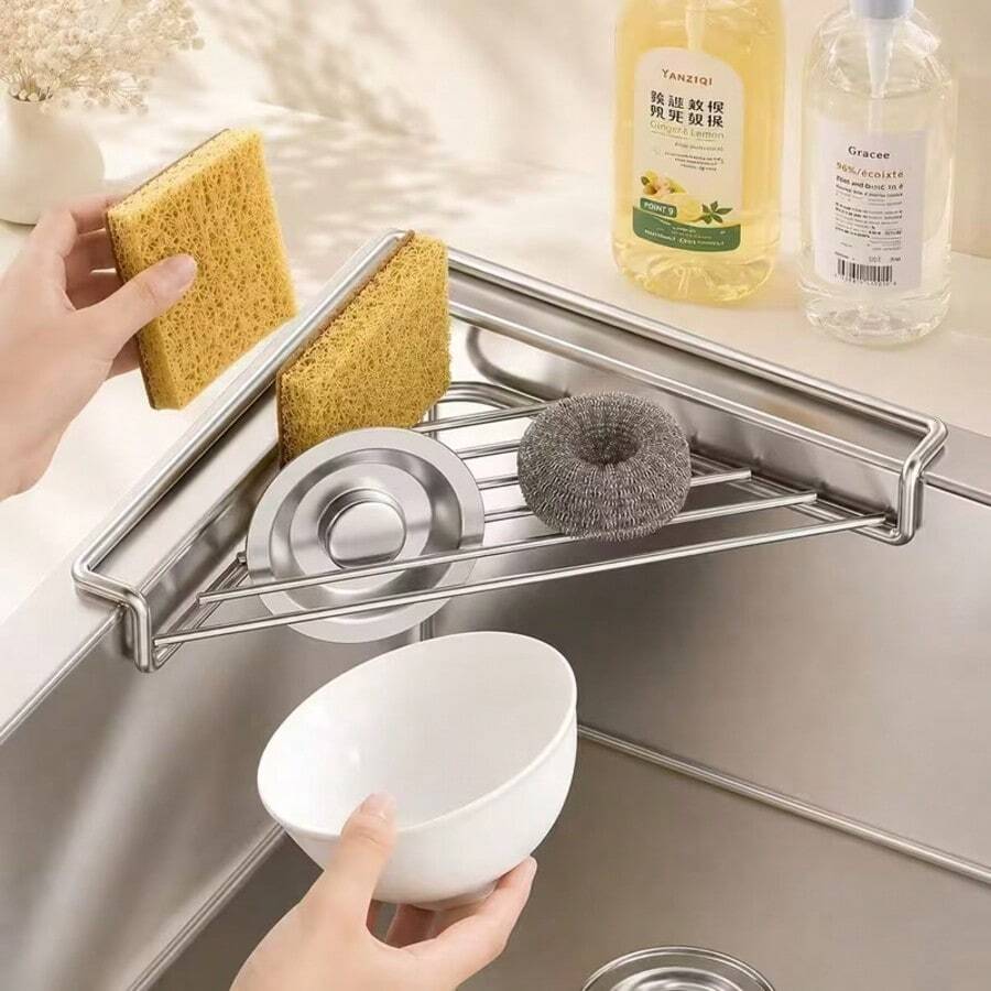 Stainless Steel Sink Drain Rack Kitchen Triangle Storage Rack Sponge Scrubber Steel Wool Cloth Ventilated Drying Rack - S - View 1