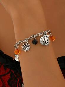 Halloween Element Personalized Metal Hand Jewelry Ghost Bat Spider Web Pumpkin Multi-Pendant Chain Bracelet - Silver - View 2