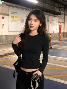 女款時尚秋冬修身舒適休閒極簡百搭長袖T恤 - 黑色 - 查看 2
